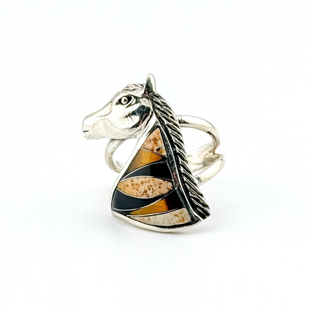 Vintage Zuni-Style Sterling Silver Horse Head Ring, Brown Multi-Stone Inlay Sz 6